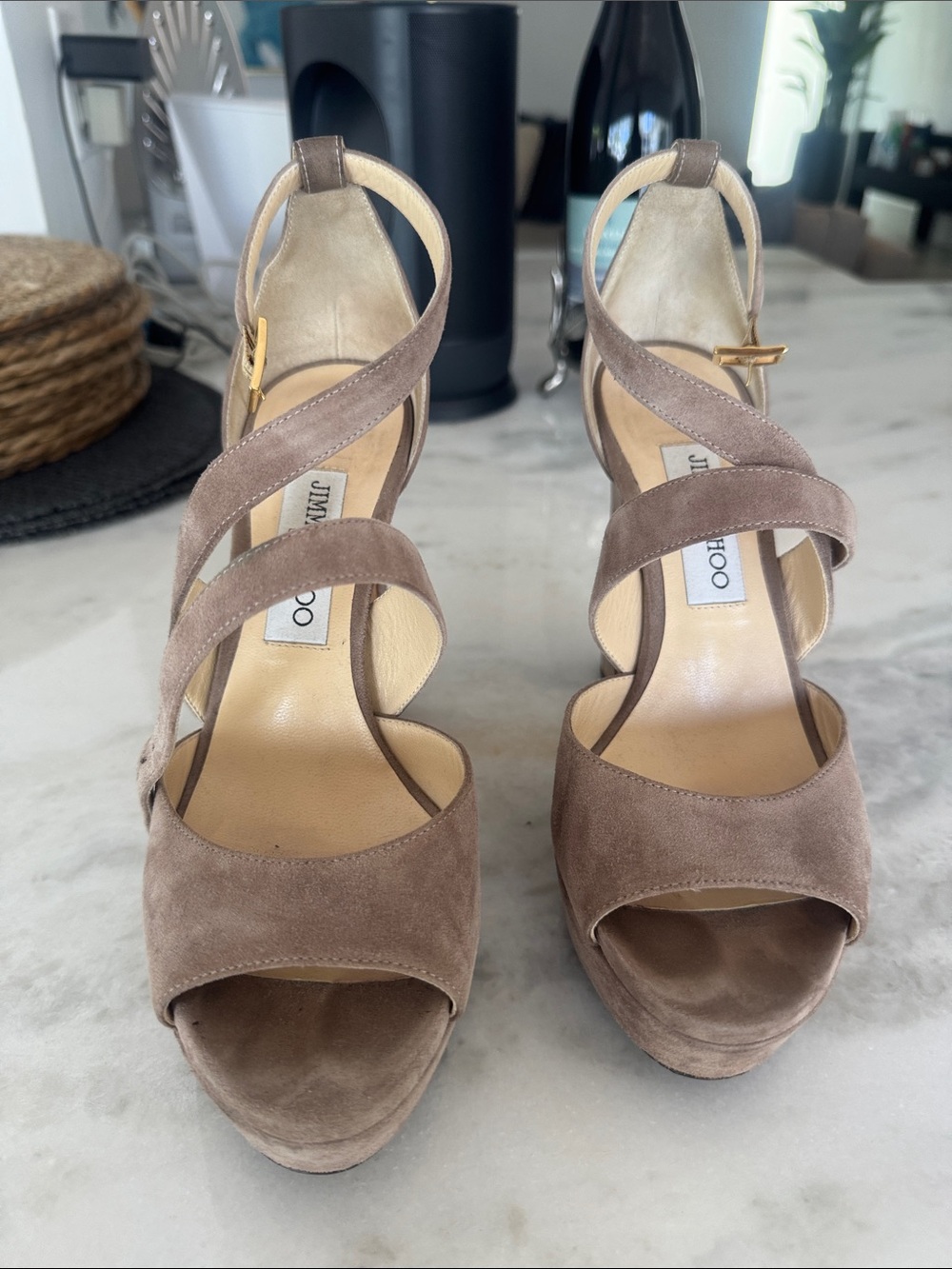 Jimmy Choo Taupe Suede Crisscross Platform Sandals size 38 -good condition